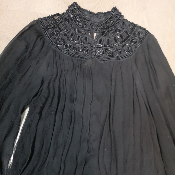 00s Vintage Victorian Gathered Gothic Beaded Neck Mandarin Collar Boho Top - Picture 11 of 15